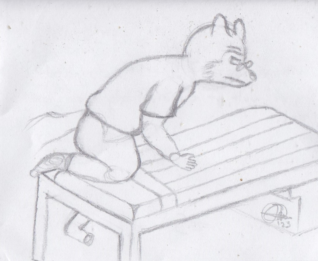 A picture drawn by J depicting an old wolf in a prison outfit making his bunk.